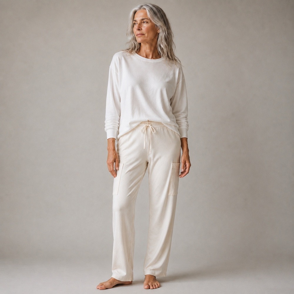 Eileen Fisher Organic Pima Cotton Slouchy Lounge Pants Cream Sz XS
